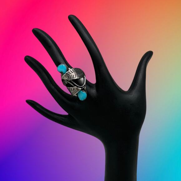1960s Native American ZUNI Sterling Silver Turquoise Modernist Ring Leaves 8.25 - Picture 3 of 3